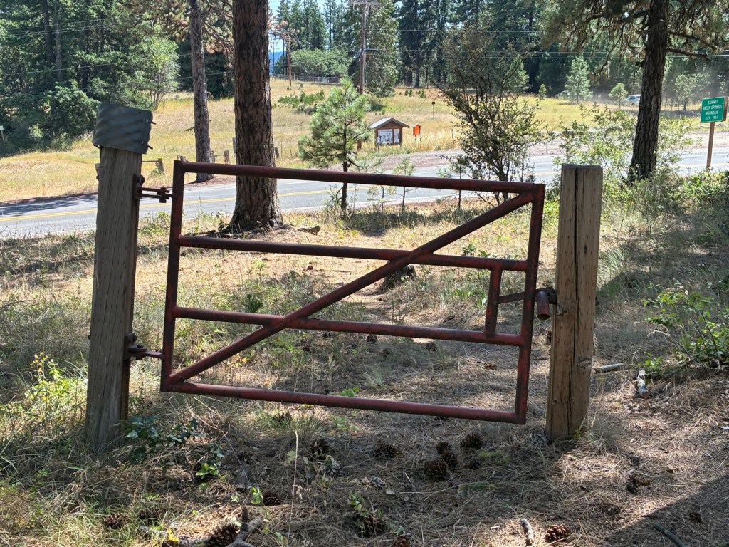 Picture of a metal livestock gate, but there's no fence attached to the gateposts. 