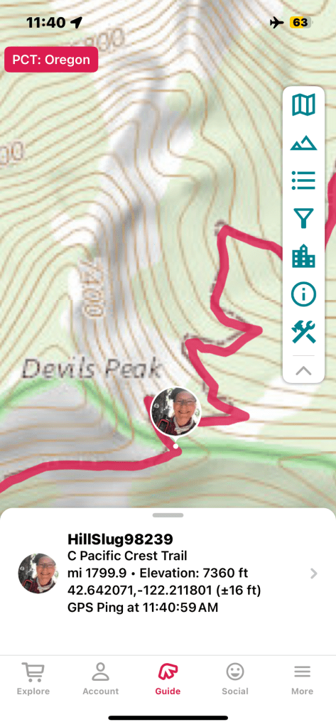 Screen shot of FarOut app showing my position on the map near Devil's Peak at 7360' elevation