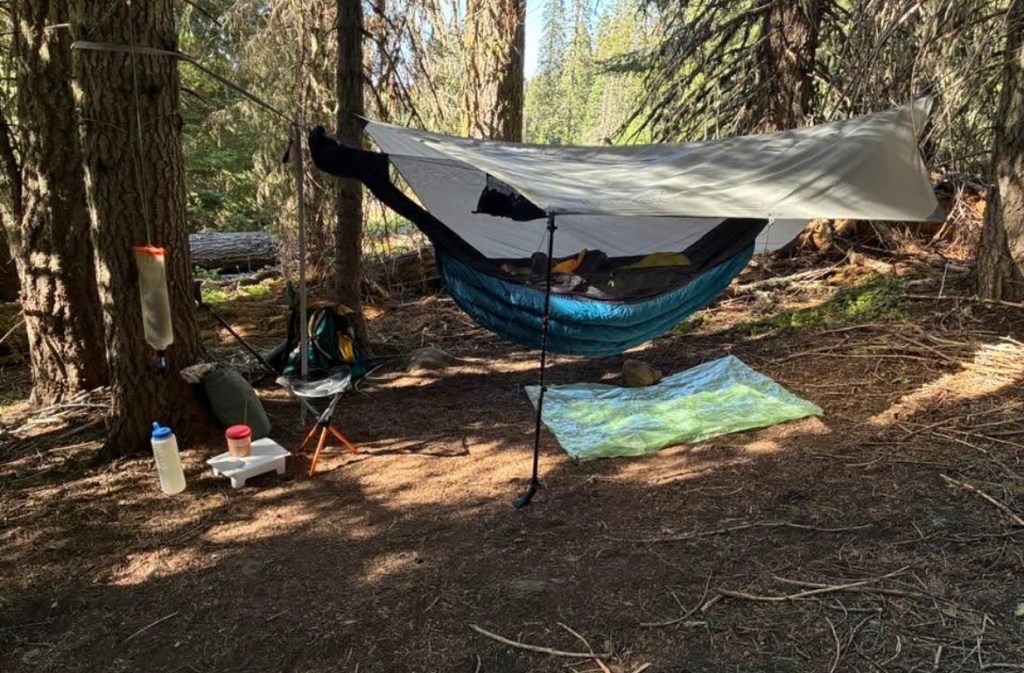 Picture of a campsite with a hammock instead of a tent