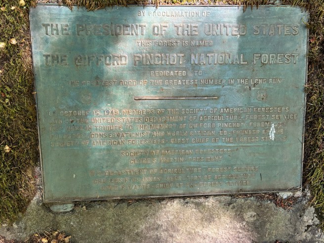 Picture of plaque describing ceremony naming the Gifford Pinchot National Forest. 